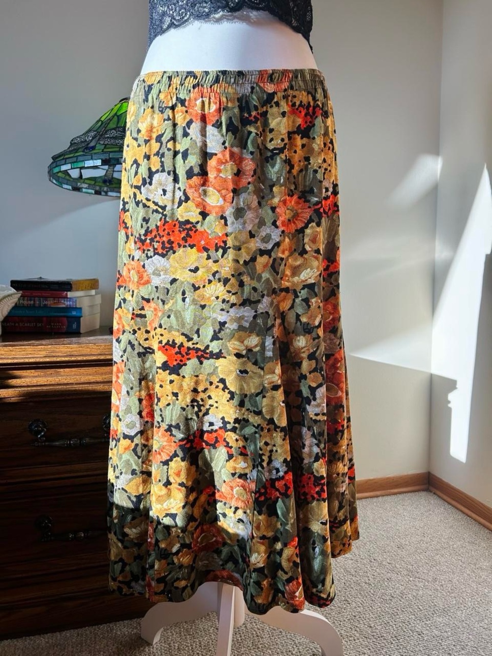 Floral A-Line Midi Skirt in Olive & Orange